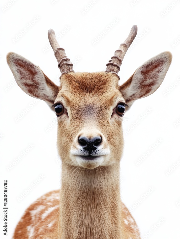 Poster young deer with antlers looking directly at the camera against a plain background. generative ai