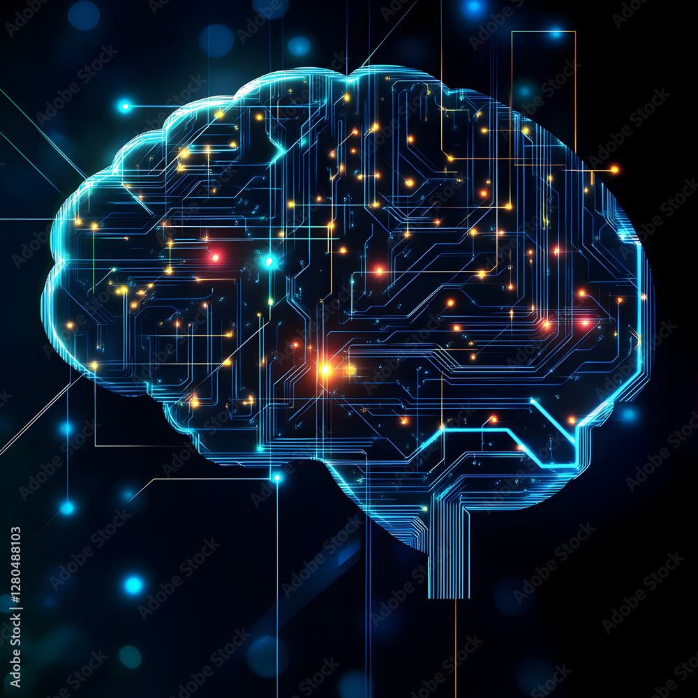 Poster digital brain: a captivating visual representation of a brain, intricately designed with glowing cir