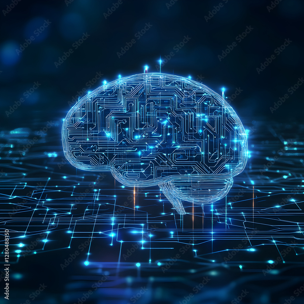 Poster digital brain circuit: an illuminated digital brain, crafted from intricate circuits and nodes, floa