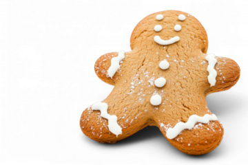 Smiling gingerbread cookie with icing on transparent background