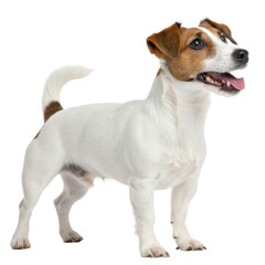 Jack Russell Terrier Small dog standing up with mouth open excited expression playful puppy in a bright outdoor environment