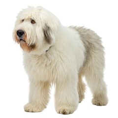 Old English Sheepdog Shaggy white dog standing proudly on a white background adorable fluffy pet portrait in studio setting