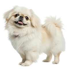 pekingese Small white dog standing on a white surface adorable pet portrait on minimalistic background cute animal photo