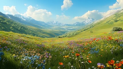 Fototapeta premium vibrant wildflowers covering hills under blue sky image