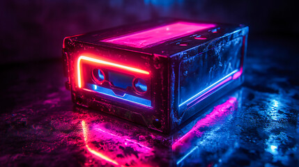 Glowing neon cassette radiates vibrant colors, evoking nostalgia for the 90s. A retro audio tape perfect for symbolizing vintage music, pop culture, and throwback vibes in a modern, artistic way.