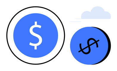 Dollar signs within blue circles, one with a white background and the other shadowed by a black circle, cloud accent. Ideal for finance, economics, investment, currency, monetary policy, business