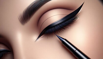 Eyeliner Precision: A close-up shot of an eye being expertly lined with a sleek black eyeliner pen, highlighting the artistry of makeup application and the allure of enhanced beauty.