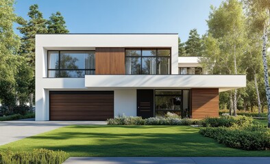 Modern house facade, sunny day,  forest background,  exterior view