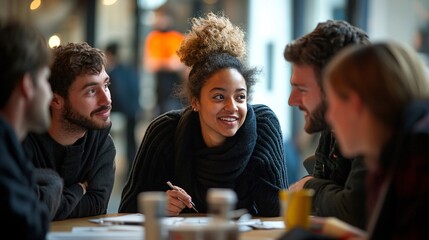 Group of Young People Engaging in Collaborative Brainstorming Session