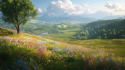 A peaceful Eastern European landscape with wildflowers in full bloom and mountains in the distance.