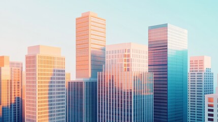 Fototapeta premium Modern city skyline at sunset with vibrant colors reflecting on glass buildings