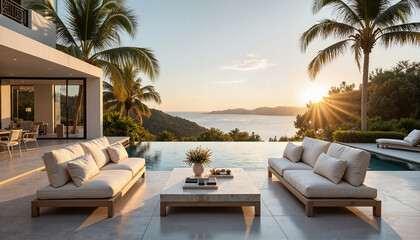 Fototapeta premium Elegant sunset on luxury patio with infinity pool, tranquil oasis