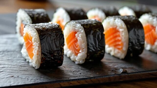 Fresh sushi rolls featuring salmon and rice served on a wooden platter in a Japanese-style restaurant
