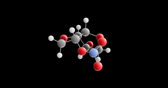 Isosorbide mononitrate molecule, rotating 3D model of nitrates and nitrites, looped video on a black background