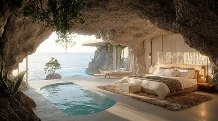 Plakat Luxurious cave bedroom with ocean view, plunge pool, and natural light.