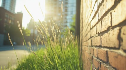 Sunlit urban brick wall with tall grass growing alongside