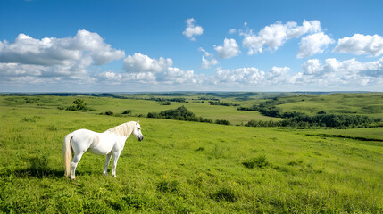 Obraz premium White horse grazing, scenic hillside pasture, summer day