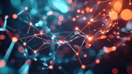 Fototapeta premium Abstract Network Connections: A mesmerizing abstract image depicting a complex network of interconnected nodes and lines, glowing with vibrant shades of teal and orange.