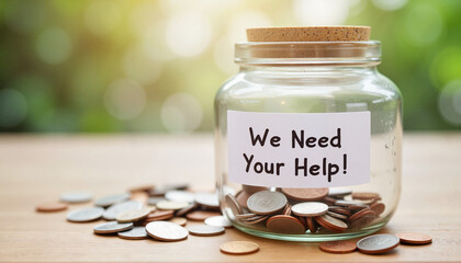 Donation jar seeking help with scattered coins on wooden table, charity support