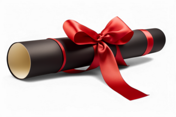 Elegant black scroll with red ribbon tied in bow on transparent background