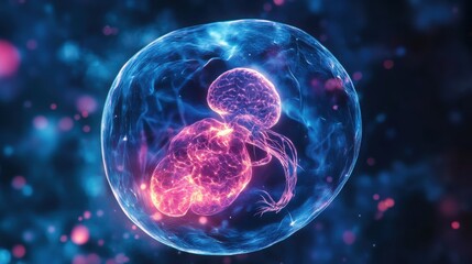 Fetus in a Capsule: A conceptual and stylized depiction of a fetus in a glowing orb, symbolizing the mystery and potential of life's beginning.
