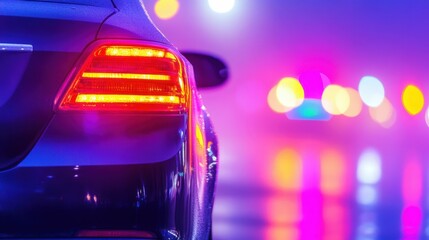 Vibrant night street scene with car tail light and colorful city lights
