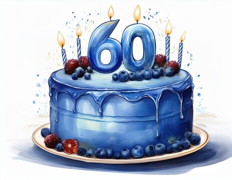 Illustration of decorated blue cake for birthday or anniversary party. Number 60, sixtieth birthday celebration