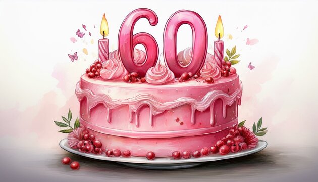 Illustration of decorated pink cake for birthday or anniversary party. Number 60, sixtieth birthday celebration - Powered by Adobe
