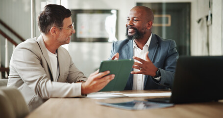 Office, men and business people with tablet for meeting, investment project and discussion....