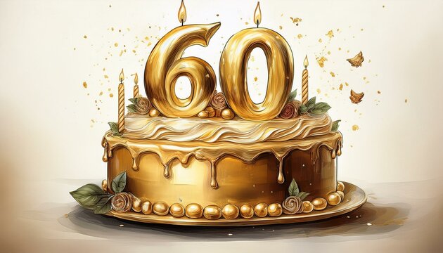 Illustration of decorated gold cake for birthday or anniversary party. Number 60, sixtieth birthday celebration