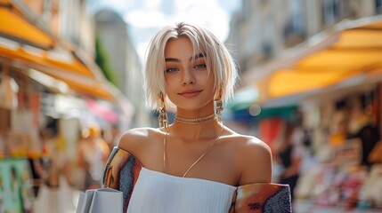 Young Woman with Short Blonde Hair Smiling in a Market Scene