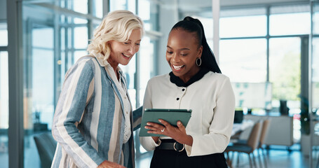 Tablet, cooperation and business people in office, conversation and email with positive feedback....