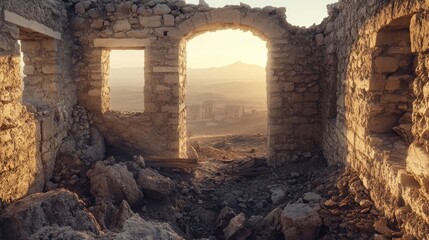 Ancient Stone Ruins Overlook a Distant City Bathed in Golden Sunlight
