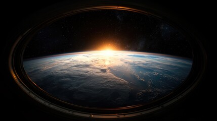 Earthrise viewed from spacecraft window, sunrise over clouds, space exploration