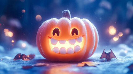 Naklejka premium Halloween background with pumpkin and bats and cute teeth/dental clinic in hallloween theme/poster
