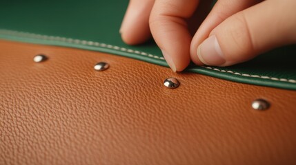 Close-up of hand touching leather with metal studs on brown and green surface