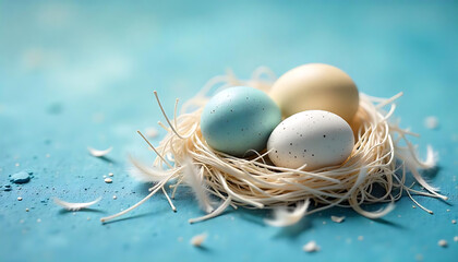 Fototapeta premium Macro Shot of Quail Eggs with Feathers on Cerulean Hues, festive Greeting Card Design, 2025 Happy Easter background, Easter Tulips and Easter Eggs, created with generative ai