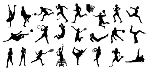 Silhouettes of different men, women, disabled persons performing various sport activities. Bundle of training, exercising people, playing basketball, tennis, football, running. Vector illustrations.