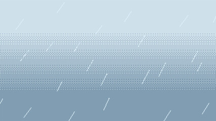 Pixel art rain fall on blue gradient background. Rain drops falling backdrop, retro video-game style vector illustration.
