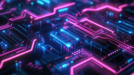 Obraz premium Futuristic Circuit Board with Glowing Neon Elements in Dark Space
