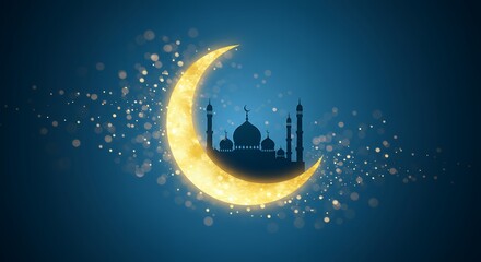 Naklejka premium Golden Crescent Moon Mosque Night Sky Ramadan Eid