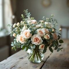 Vibrant floral arrangement, white ceramic pitcher, rustic wooden table