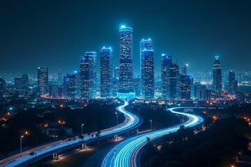 Fototapeta premium Futuristic cityscape with glowing structures and digital pathways, showcasing advanced urban innovation.