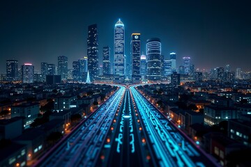 Obraz premium Futuristic cityscape with glowing structures and digital pathways, showcasing advanced urban innovation.