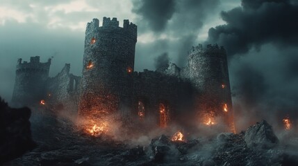 Ruined medieval castle besieged by fire under a dramatic cloudy sky