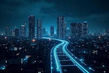 Obraz premium Futuristic cityscape with glowing structures and digital pathways, showcasing advanced urban innovation.