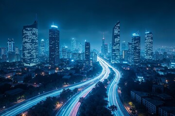 Fototapeta premium Futuristic cityscape with glowing structures and digital pathways, showcasing advanced urban innovation.