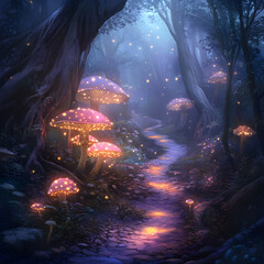 Enchanted Forest Path: A magical forest path, illuminated by glowing fireflies and ethereal mushrooms, invites exploration in a mystical dreamscape.