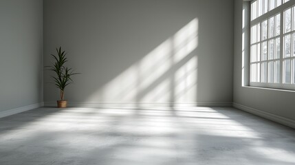 Obraz premium Sunlit empty room, plant corner, large window, minimalist interior design, home staging