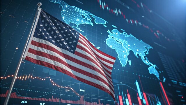 patriotic financial market background featuring american flag and trading candlesticks chart
